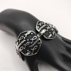 Silver Tone and Black Fish Infinity Motif Bracelet Boho Beach Whimsical Nautical